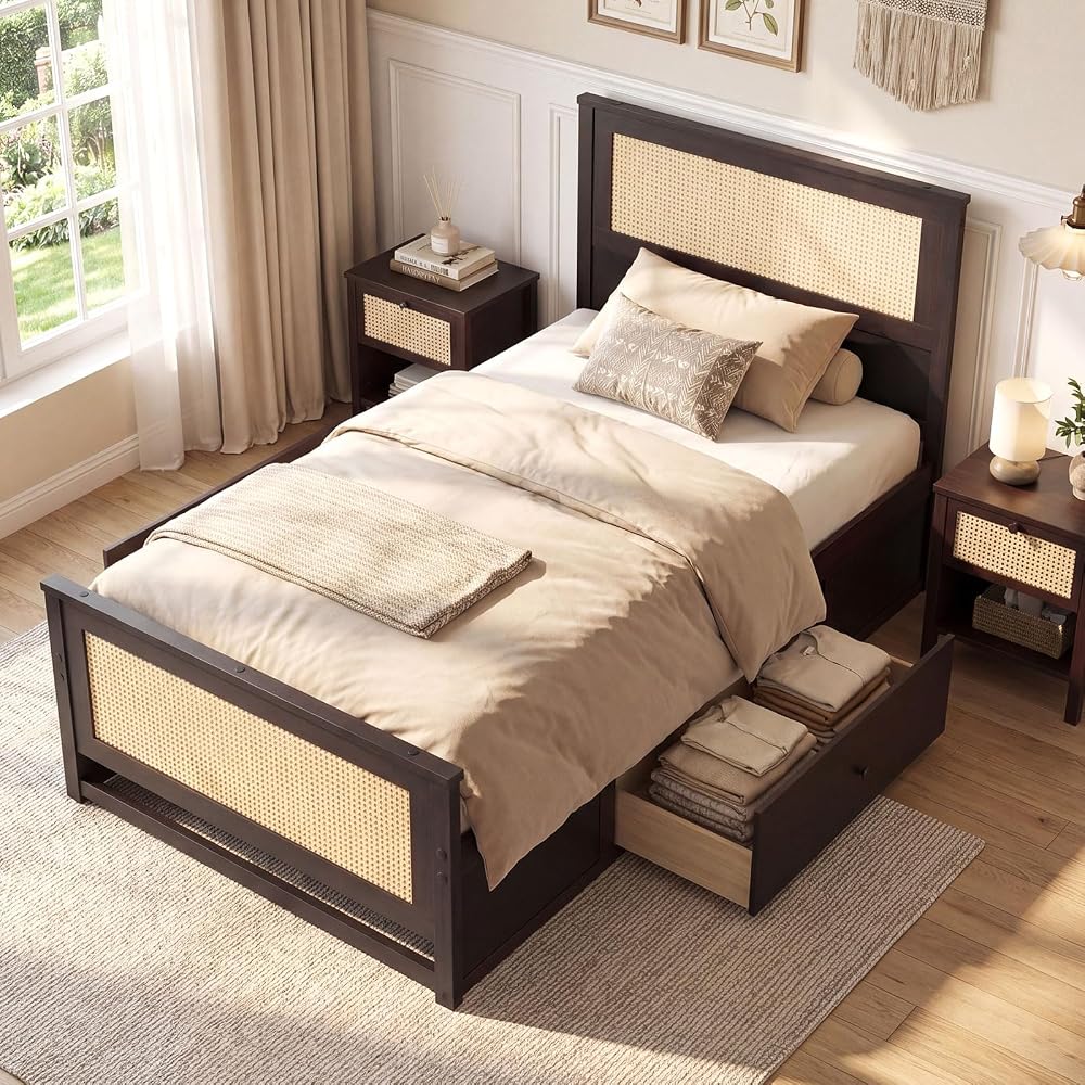 GIANTEX Rattan Bed Frame with 2 Storage Drawers, Twin Size Boho Platform Beds w/Headboard & Footboard, Wood Mattress Foundation, Twin Bed Frames for Kids Adults, No Box Spring Needed (Espresso, Twin)