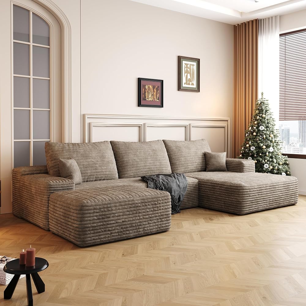 107" Corduroy Modular Sectional Sofa, Free Combination Sleeper Sofa with High‑Resilience Foam, Ergonomic Boneless Lounge Couch for Living Space, Camel