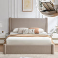 VELOCAVA Queen Lift Up Storage Bed Frame, 44.88" Tall Upholstered Headboard, Soft Rounded Corner Design, Bouclé Texture Platform Bed with Hydraulic Storage, No Box Spring Needed, Soft Beige