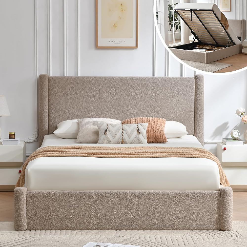 VELOCAVA Queen Lift Up Storage Bed Frame, 44.88" Tall Upholstered Headboard, Soft Rounded Corner Design, Bouclé Texture Platform Bed with Hydraulic Storage, No Box Spring Needed, Soft Beige