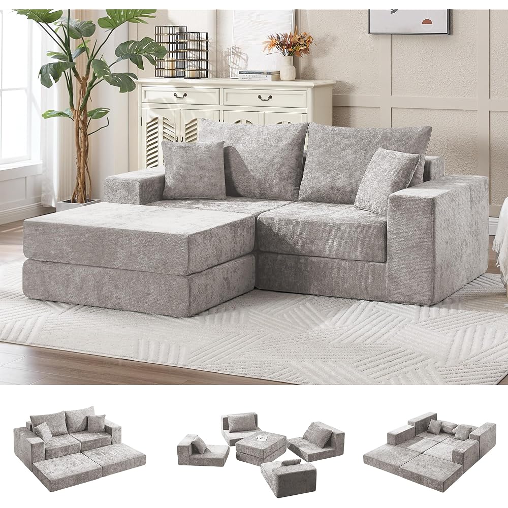 79" Boneless Loveseat Sofa Couch, Modular Foldable Floor Cloud Sofa with Ottoman, Lounge Convertible Sofa Bed for Living Room, No Assembly, Chenille Light Grey