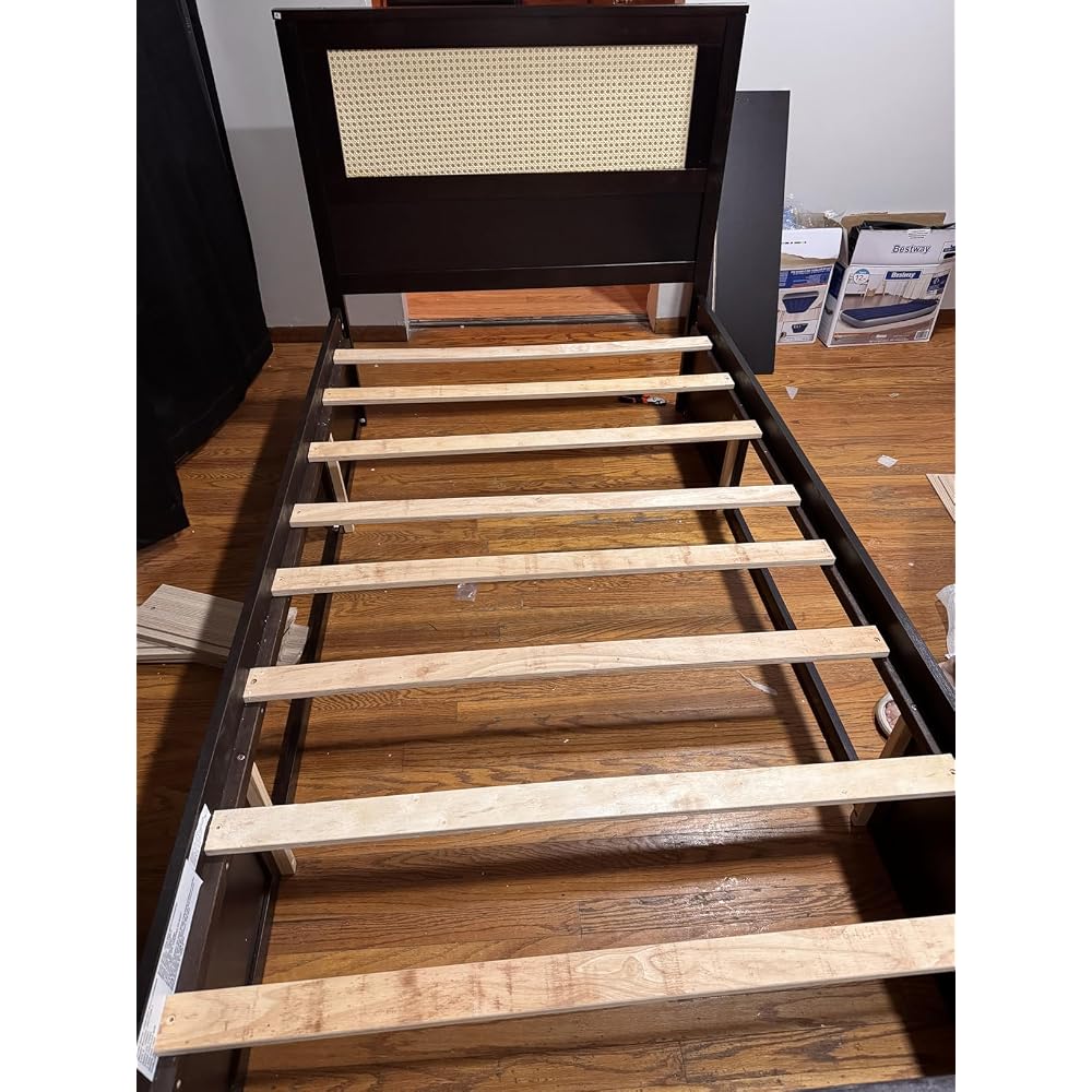 GIANTEX Rattan Bed Frame with 2 Storage Drawers, Twin Size Boho Platform Beds w/Headboard & Footboard, Wood Mattress Foundation, Twin Bed Frames for Kids Adults, No Box Spring Needed (Espresso, Twin)