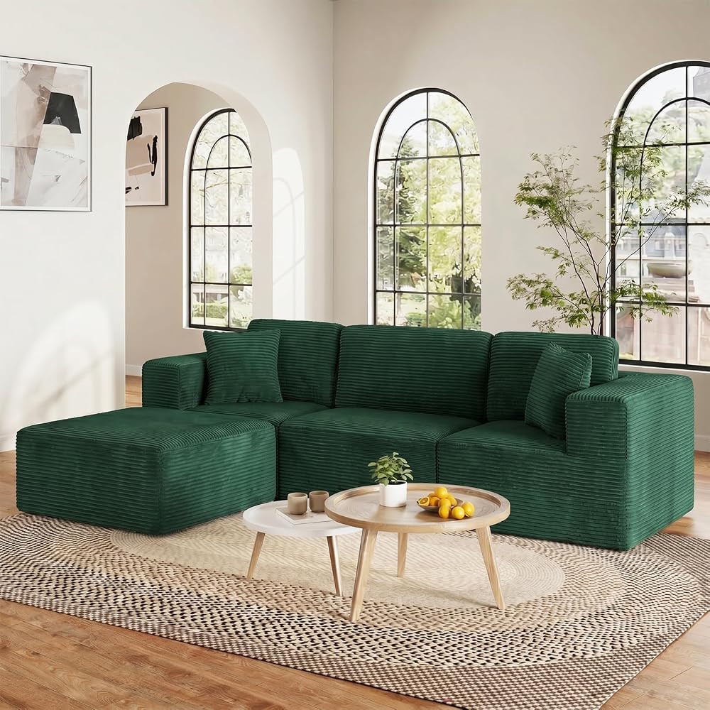 Boneless Couch, 107" Corduroy Cloud Sectional Couch with Ottoman, Green