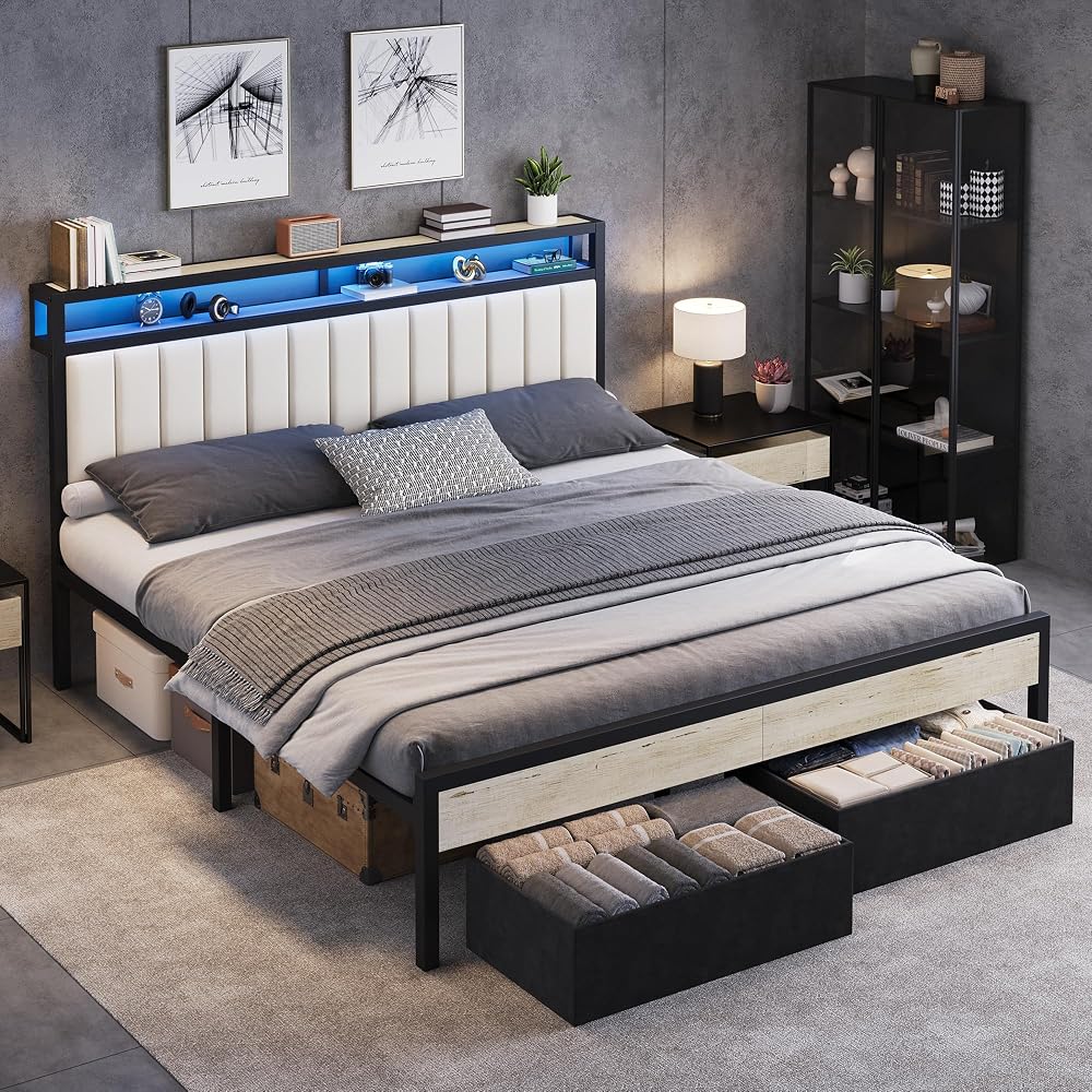 AMERLIFE King Bed Frame with LED Lights & 2-Tier Storage Headboard