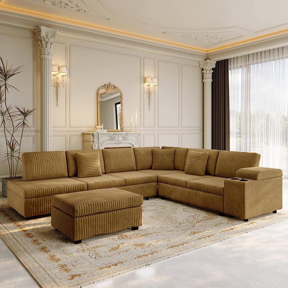 KEIKI 110" L-Shaped Oversized Plush Corduroy Modular Sectional Sofa with Pull-Out Bed, Convertible 6-Seater Sleeper Couch Bed with 1 Ottomans & USB & Cup Holders, Easy Assembly, for Living Room, Camel