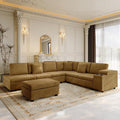 KEIKI 110" L-Shaped Oversized Plush Corduroy Modular Sectional Sofa with Pull-Out Bed, Convertible 6-Seater Sleeper Couch Bed with 1 Ottomans & USB & Cup Holders, Easy Assembly, for Living Room, Camel